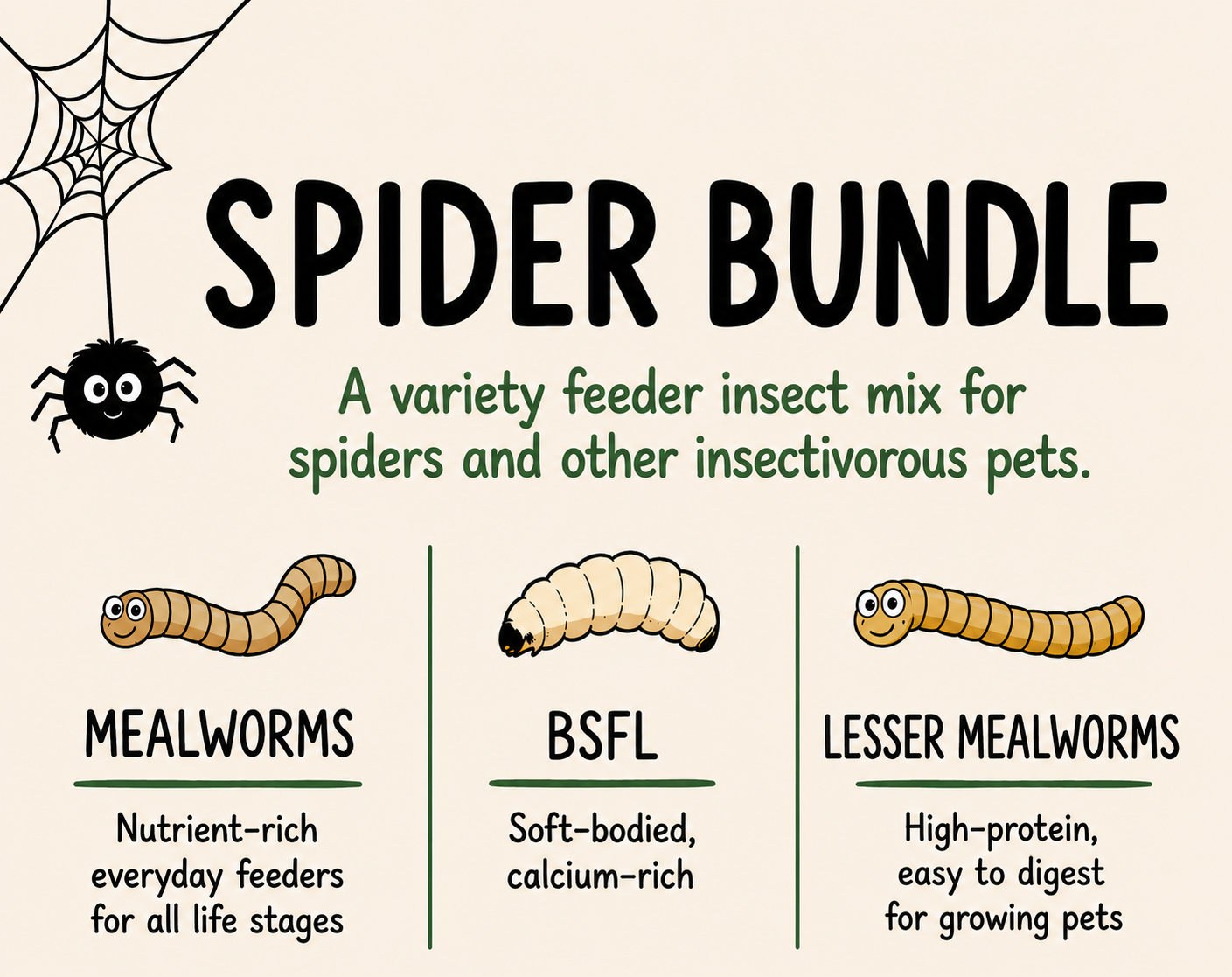 Spider Bundle - Tiny Mealworms, Tiny BSFL, and Lesser Mealworms